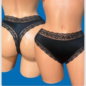 Victorias Secret Very Sexy Smooth Satiny & Lace Detail Thong panty Black Large